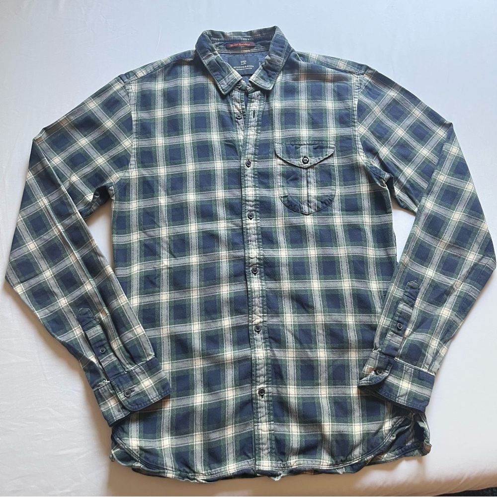 SCOTCH & SODA men’s cotton navy cream green plaid button up‎ long sleeve shirt